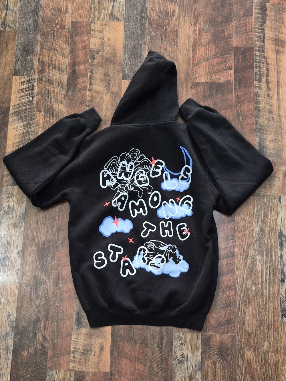 Angels Among The Stars Graphic Black Hoodie - Angels & Clouds Design Medium Cott